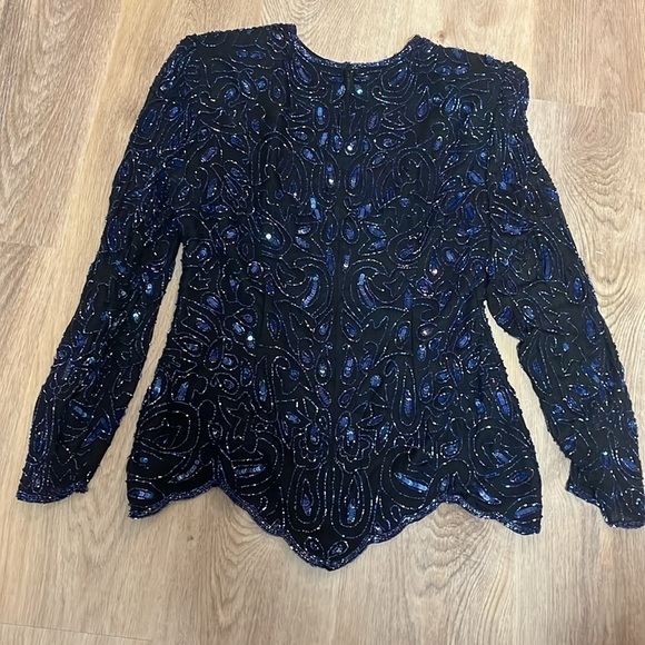Stunning Vintage 80s 90s Beaded 100% Silk Long Sleeve Blouse Black Blue Small - Picture 4 of 8